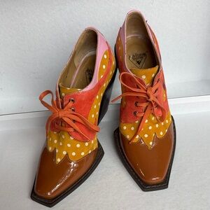 John Fluevog Vibrant Orange and Yellow Polka Dot Loafers
